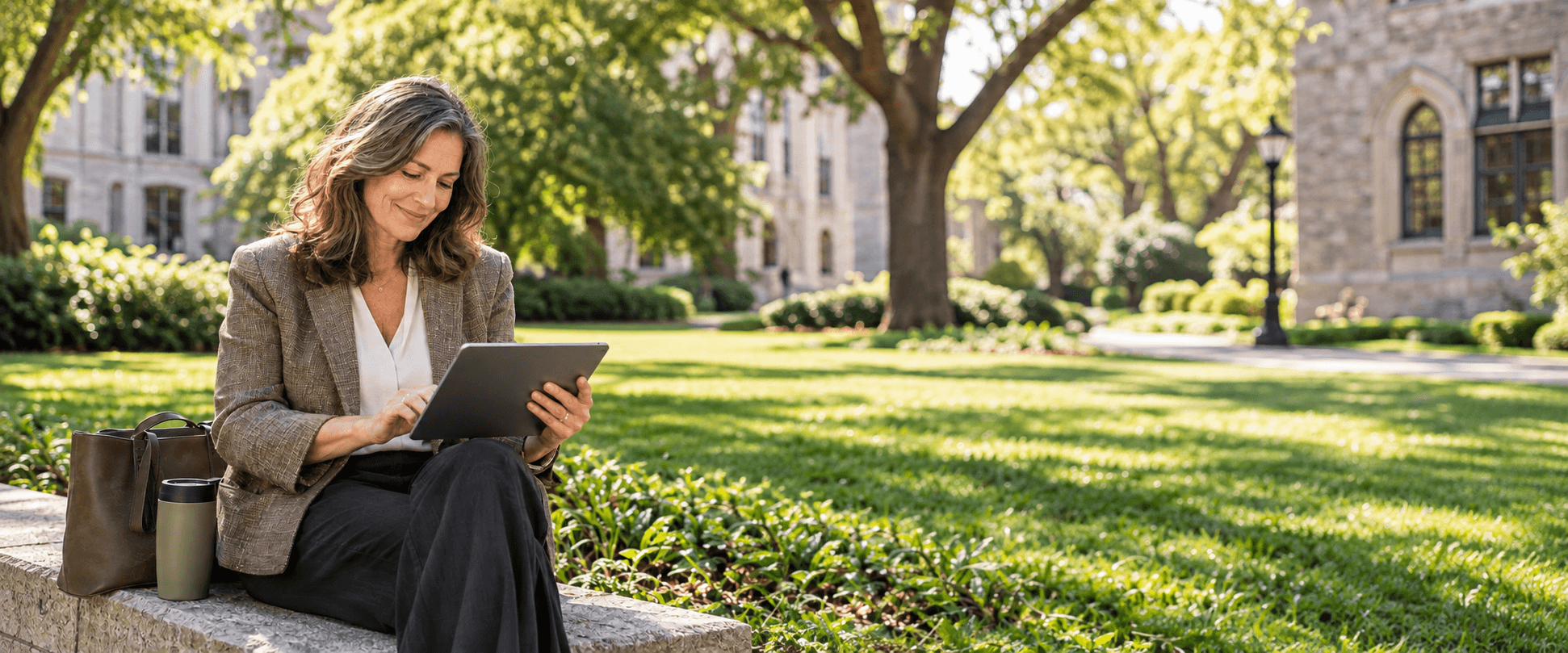 Educator using a tablet on a sunlit university campus
